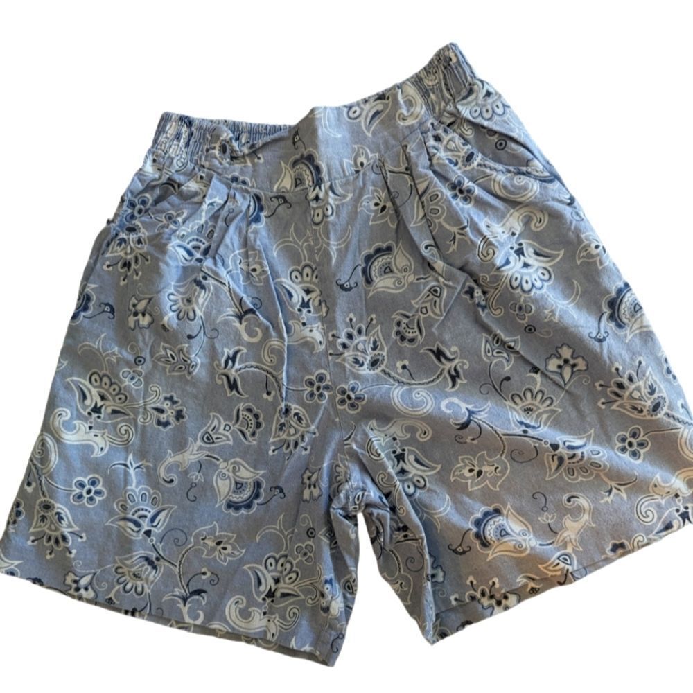 Vintage women's blue chambray floral print mom high waisted shorts size 14
